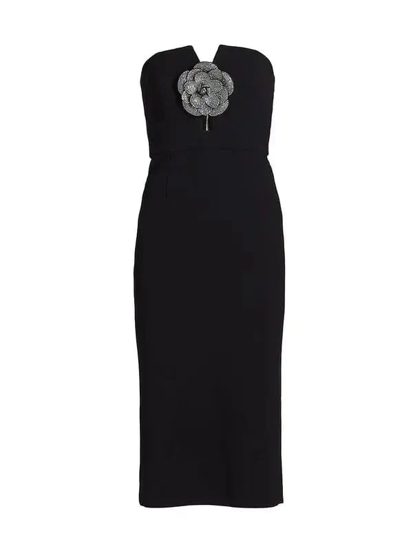 Rebecca Vallance Yvonne Rhinestone Flower Midi-Dress Black Size 6 photo 4