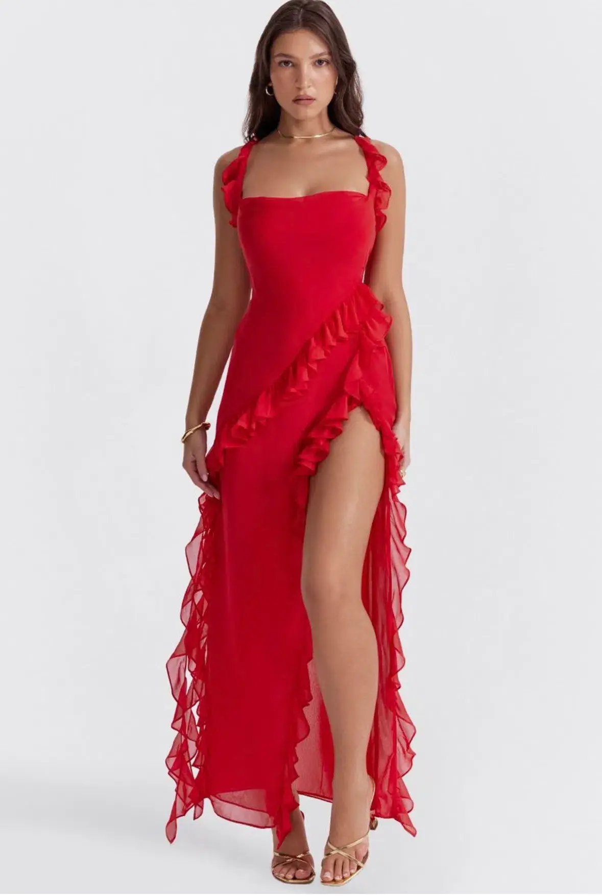 House Of Cb Ariela Red Ruffle Backless Dress Cherry In Size S/Au 8 photo 3