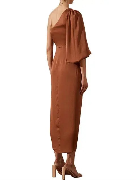 Shona Joy Luxe Tie Front One Shoulder Cocktail Dress Mocha Size 10 photo 3