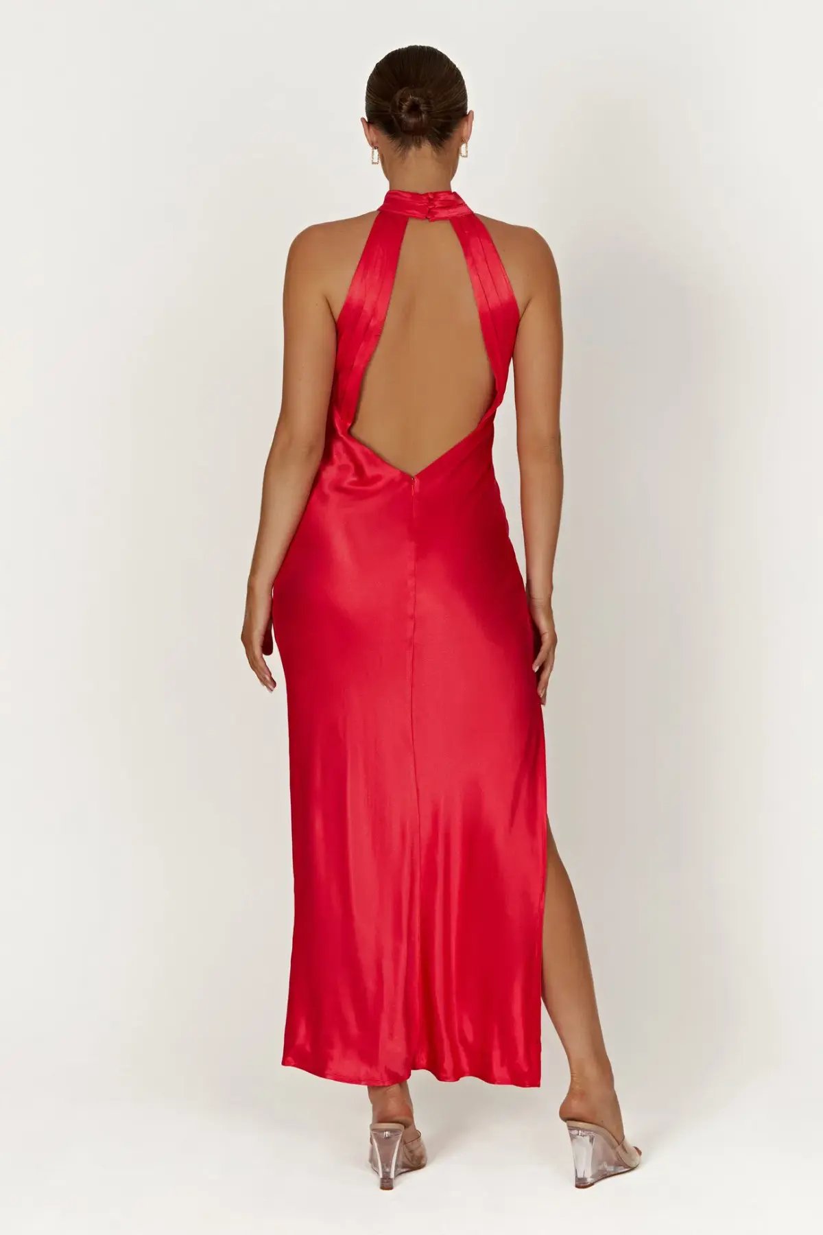 Meshki Claire Satin Drape Back Maxi Dress with Split in Red Size M / Au 10 photo 2