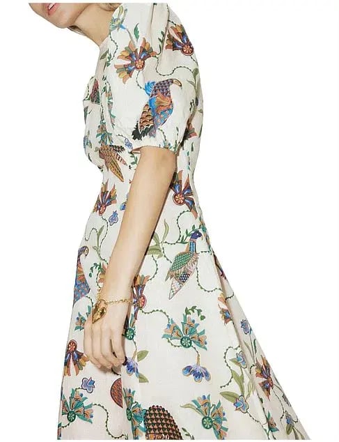Alemais Birdie Puff-Sleeve Printed Linen Midi Dress Ivory/Print Size 16 photo 3