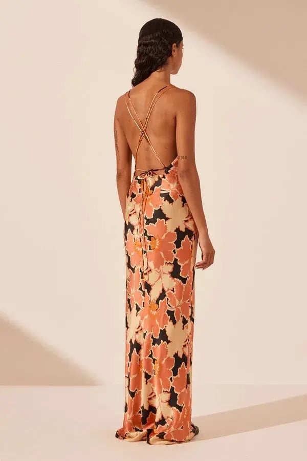 Shona Joy Rosa Silk Plunged Double Strap Maxi Dress Coral Pink/Multi Size 14 photo 3