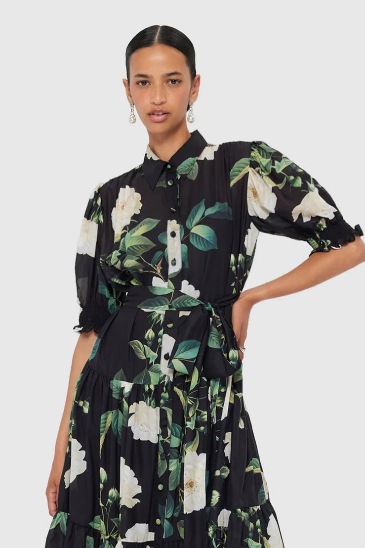 Leo Lin Ellie Bishop Midi Dress - White Rose Print in Black photo 4