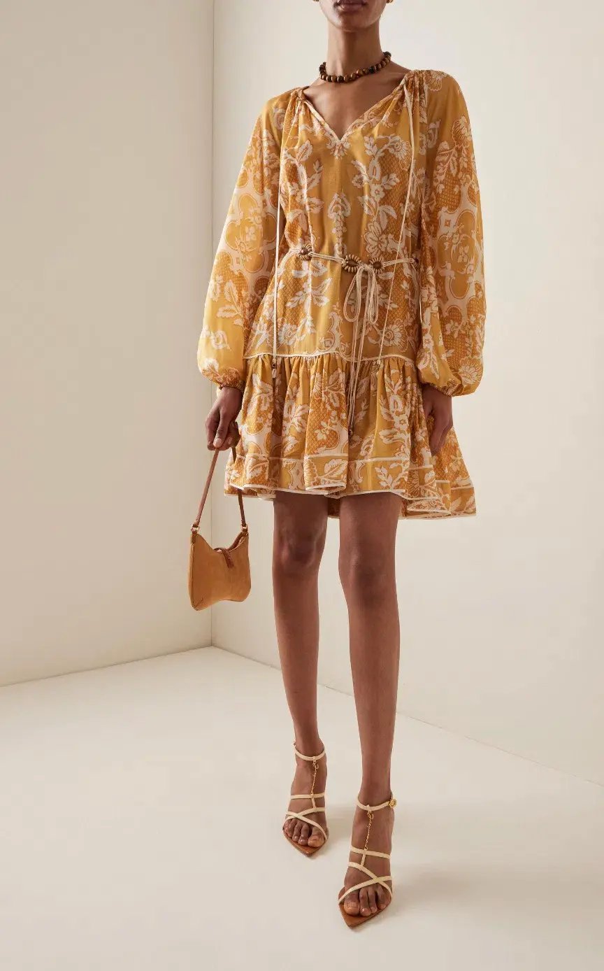 Zimmermann Raie Tiered Billow Mini Dress Gold Damask Size 0/Au 8 photo 4