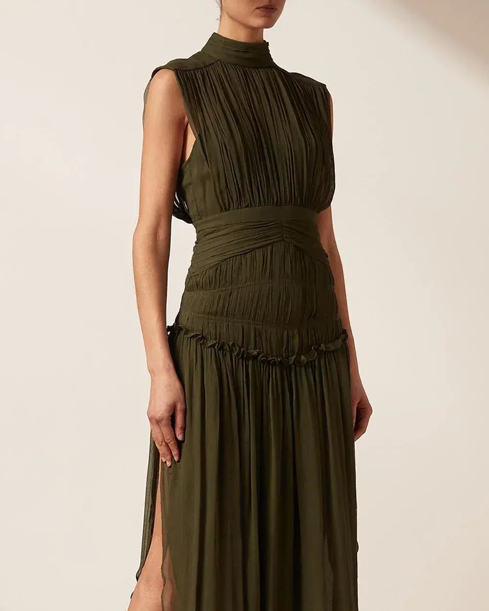 Shona Joy Safira Sleeveless Open Back Midi Dress in Olive Green Size 8 photo 4