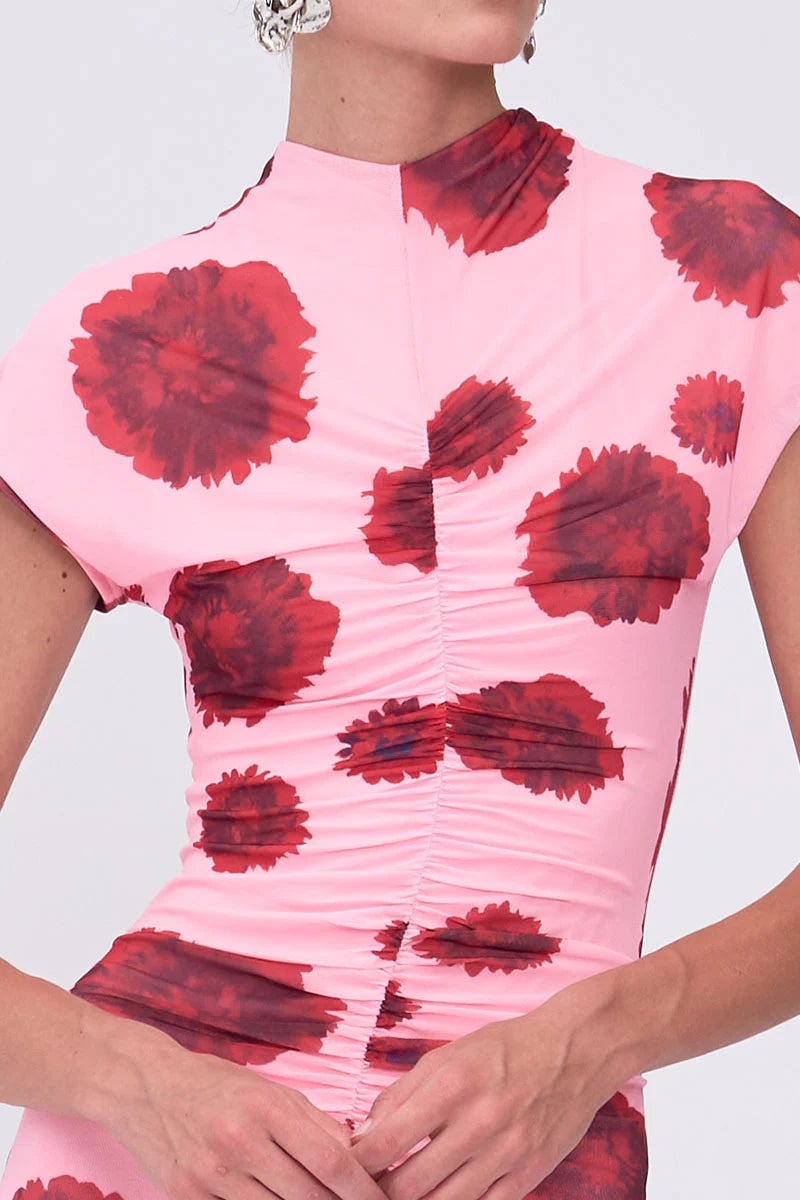 SUBOO LUCA MESH RUCHED FRONT MIDI DRESS - PINK RED photo 3