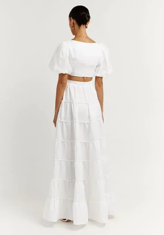 DISSH Aisle Linen Tier Long Skirt and Vienna Linen Curved Crop Top Set White Size 6 AU photo 3