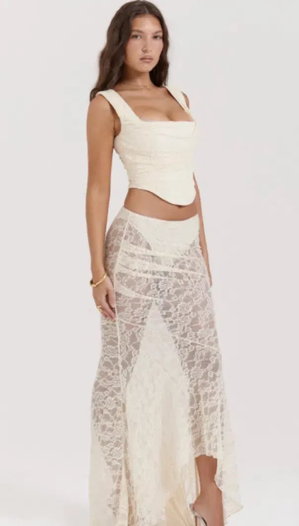 House Of CB Una Lace Corset & Therese Lace Maxi Skirt Set Vintage Cream Size 6 photo 5