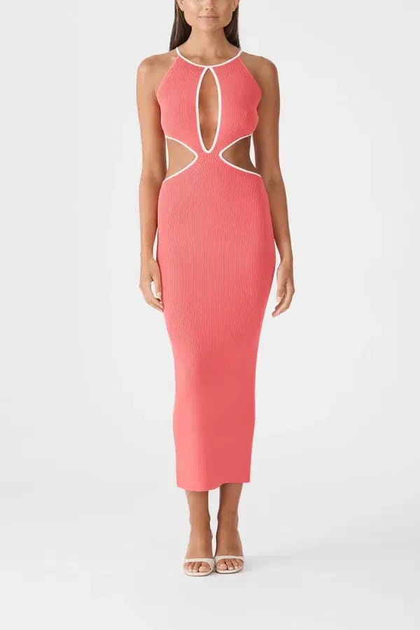 San Sloane Adrian Rib Midi Dress Coral-White Size 6 photo 2