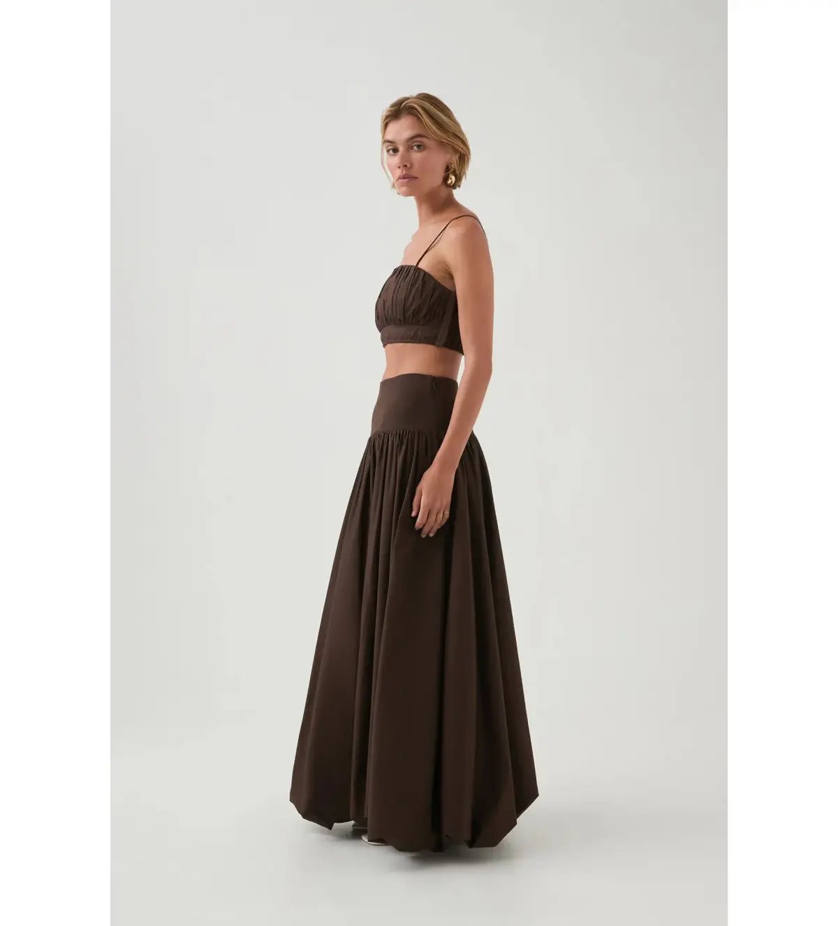 Aje Havana Ruched Top & Bubble Midi Skirt Set in Chocolate Size 6 photo 2