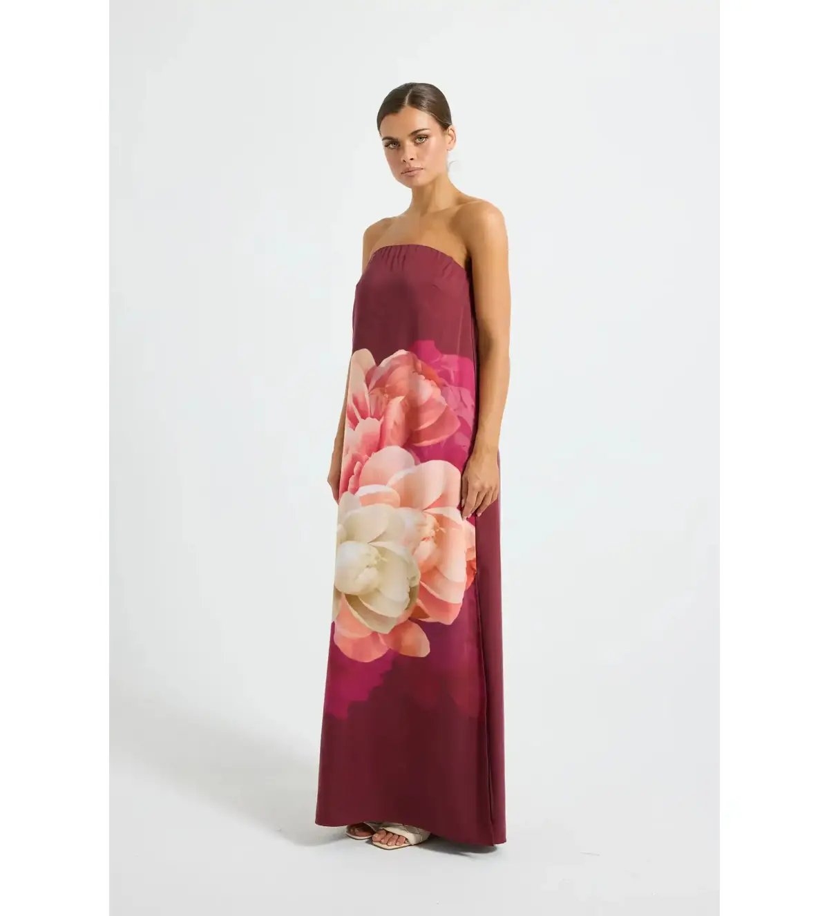 Pasduchas Romance Strapless Maxi Dress Burgundy Floral Size 12 photo 2