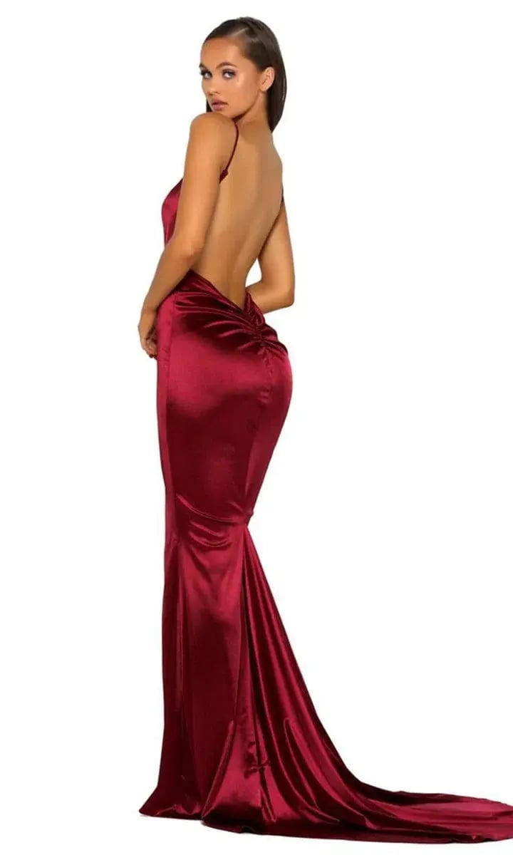 Portia & Scarlett PS5050 Deep Red Neck Backless Fitted Satin Evening Gown Burgundy Size 6 photo 2