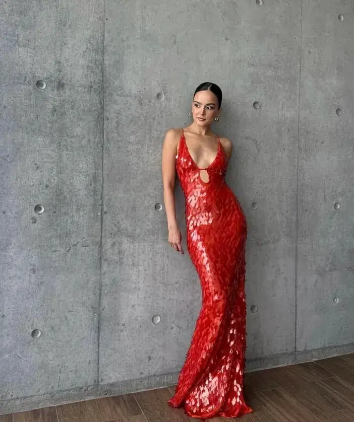 MISHA Sapphire Sequin Maxi Dress Red Size 8/S photo 4