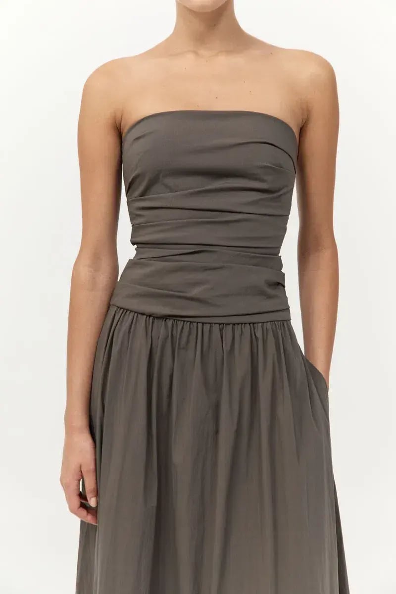 St. Agni Gathered Strapless Tie Back Maxi Dress in Khaki Size S/AU 8 photo 2