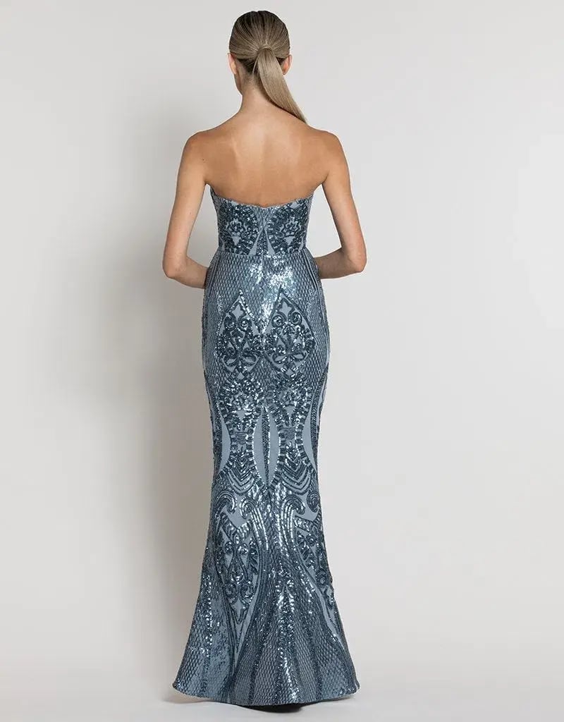 Bariano Maia Strapless Pattern Sequin Gown In Antique Blue Size 10 photo 2