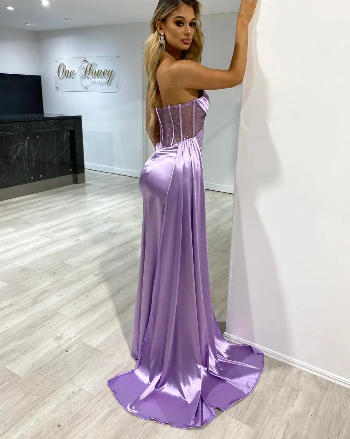 Honey Couture Gigi Corset Sparkle Bustier Strapless Mermaid Gown Dress Purple Size 8 photo 3