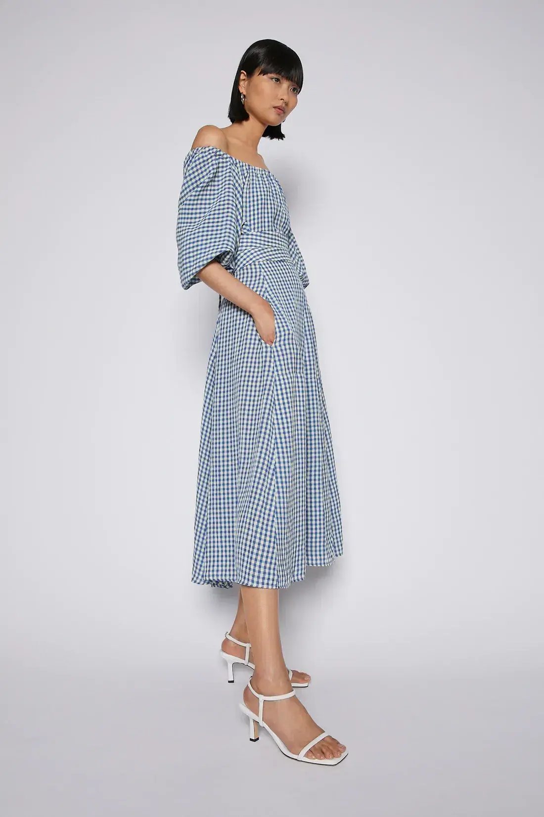 Scanlan Theodore Gingham Gathered Dress in Blue Natural Size 8 photo 3