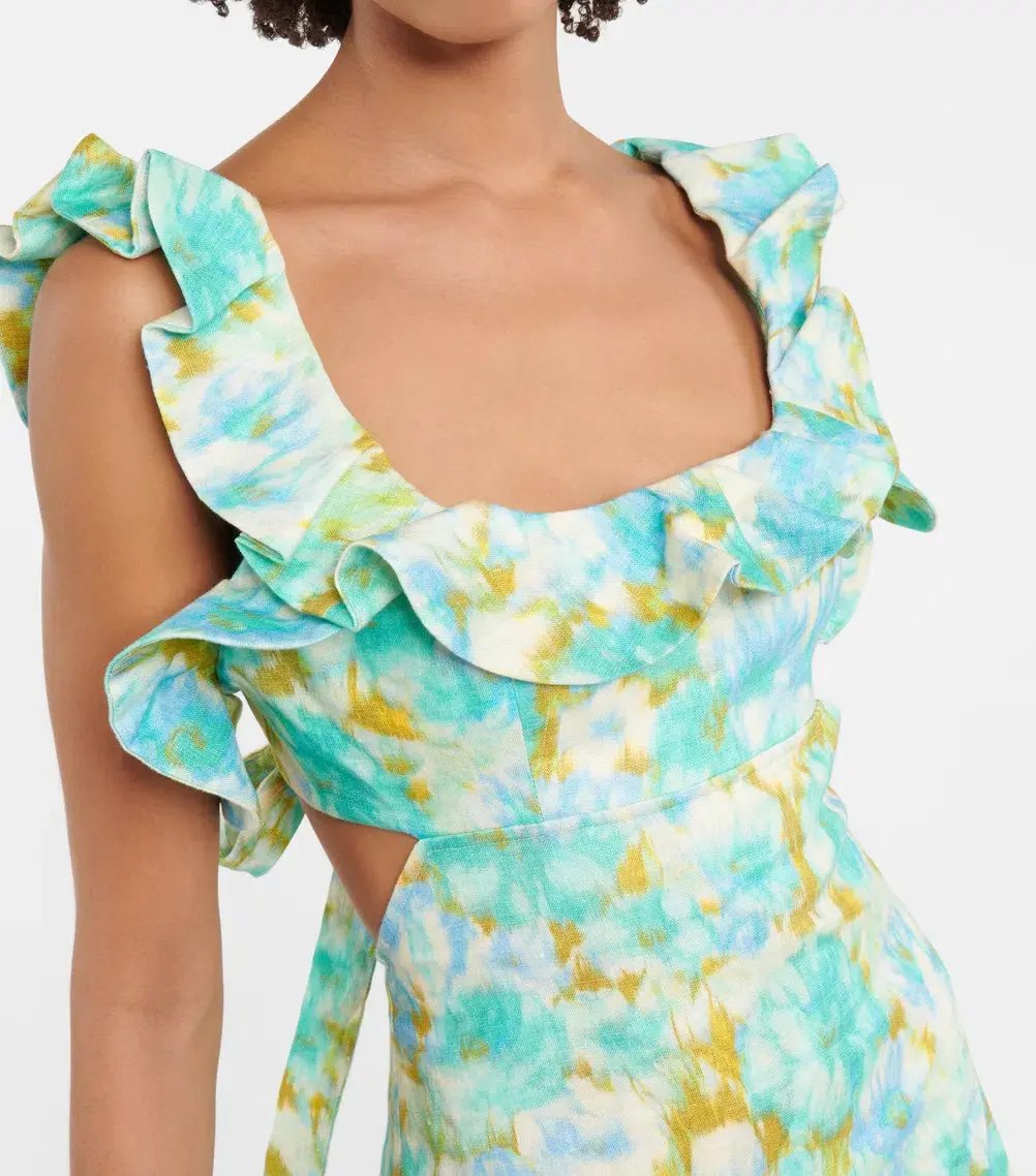 Zimmermann High Tide Linen Midi Dress Aqua Ikat Floral Size 0 / AU 6-8 photo 2