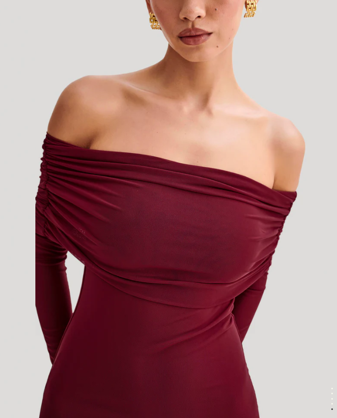 Meshki Josie Off Shoulder Mesh Dress Burgundy photo 4
