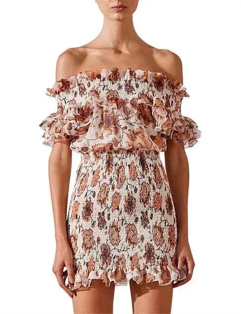 Shona Joy Baez Off The Shoulder Shirred Mini Dress Print Size 8 photo 2