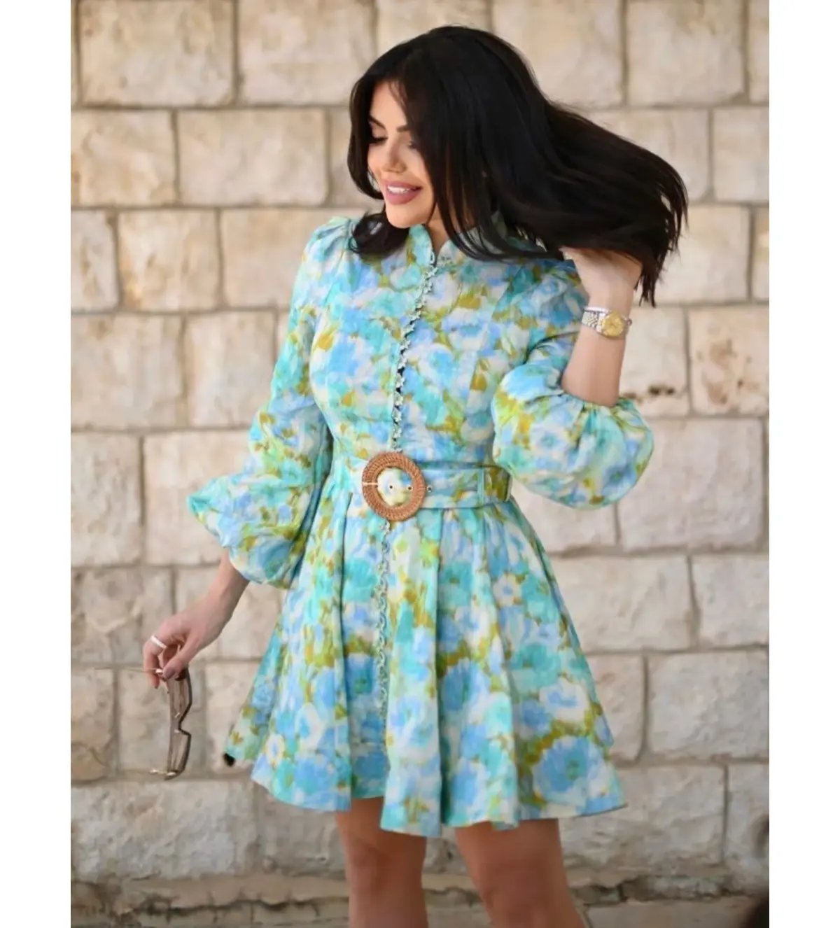 Zimmermann High Tide Buttoned Mini Dress Aqua Ikat Floral Size 0 AU 8 photo 6