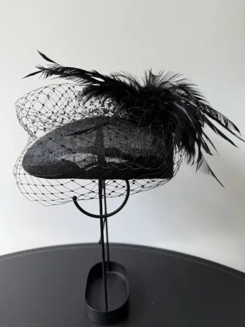 Morgan and Taylor Straw Beret Millinery with Feathers and Veil Black One Size photo 2