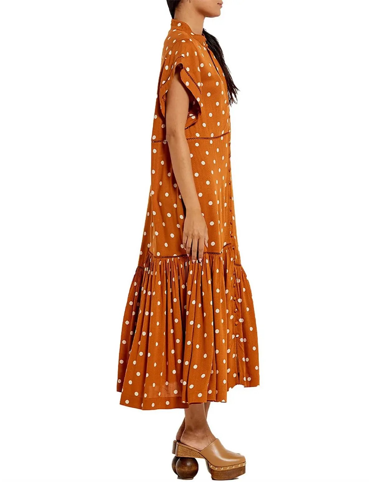 Bohemian Traders Polka Dot Lattice Midi Dress Brown Size 8 photo 3