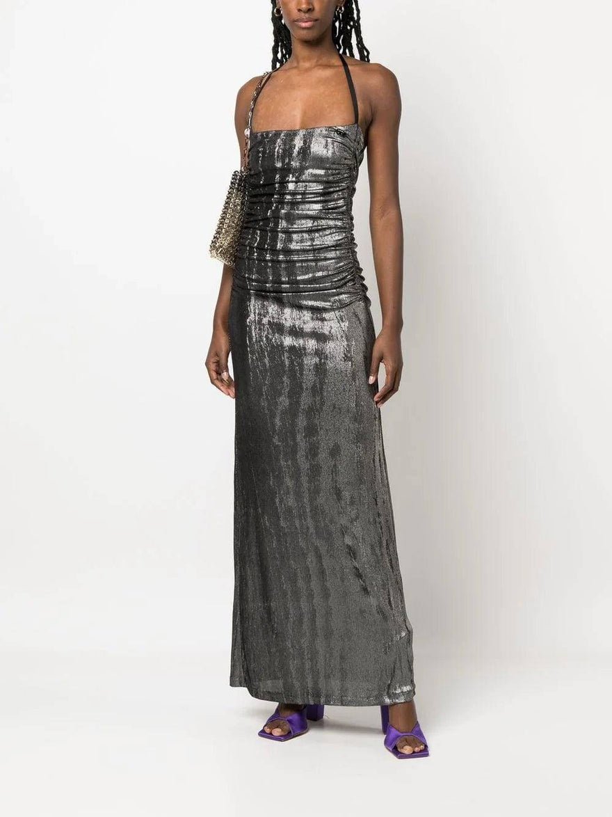Diesel Metallic Ruched Halterneck Gown in Silver photo 4