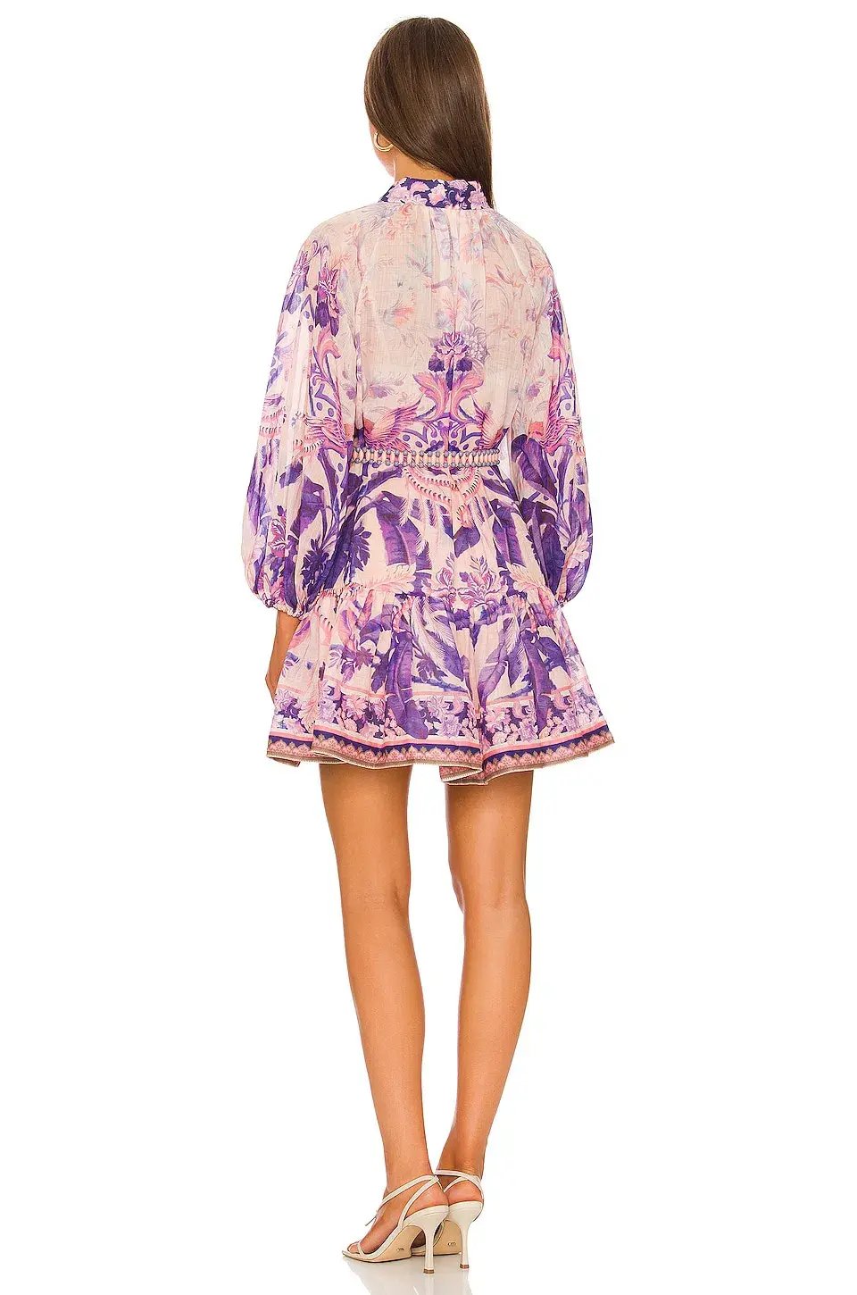 Zimmermann Lyre Billow Mini Dress in Purple Palm Print Size 0 / Au 8 photo 3