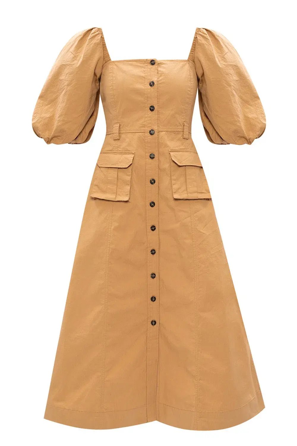 Ganni Square Neck Puff Sleeve Dress Tammin Beige Size 42/Au 10 photo 4