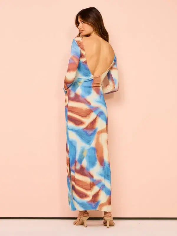 Issy Long Sleeve Maxi Dress In Blue Marble Size 8 photo 2