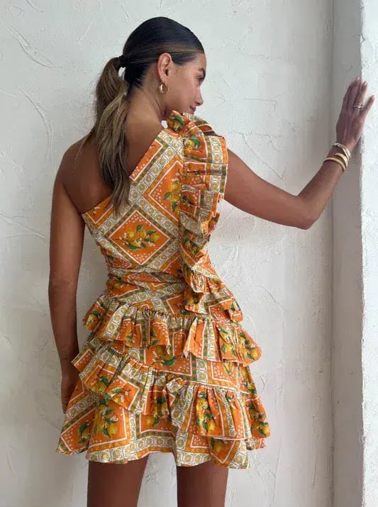 By Nicola Adrift Frill Mini Dress in Orange Mosaic Print Size 8 photo 3