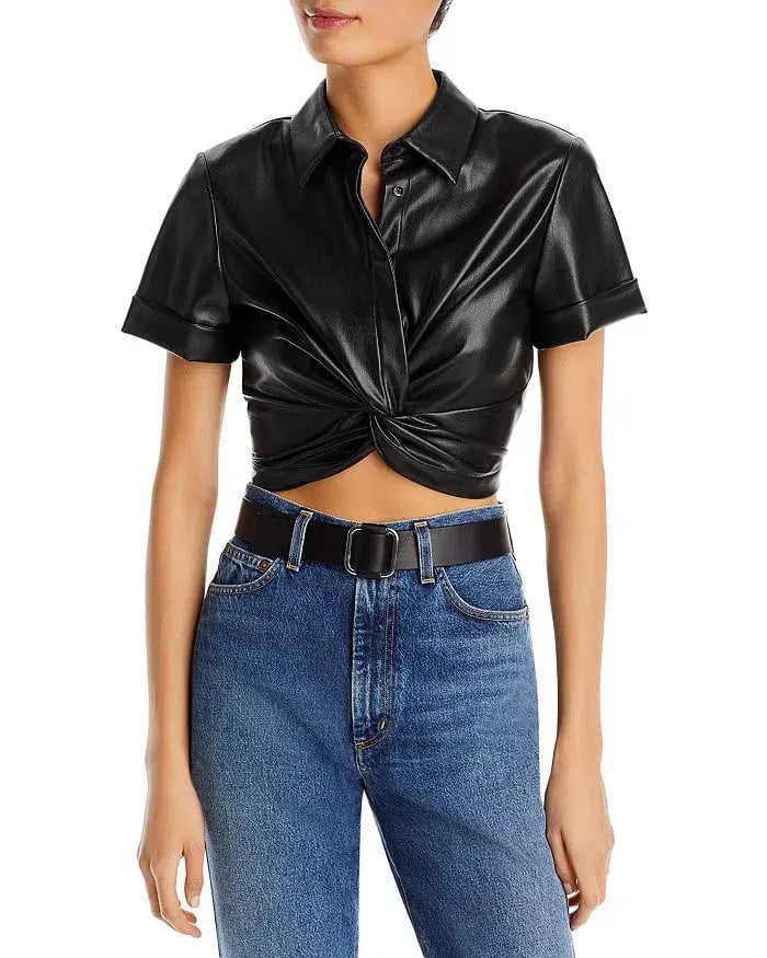 Alice + Olivia Phebe Cropped Twisted Vegan Leather Top Black Size S/ AU 8 photo 3