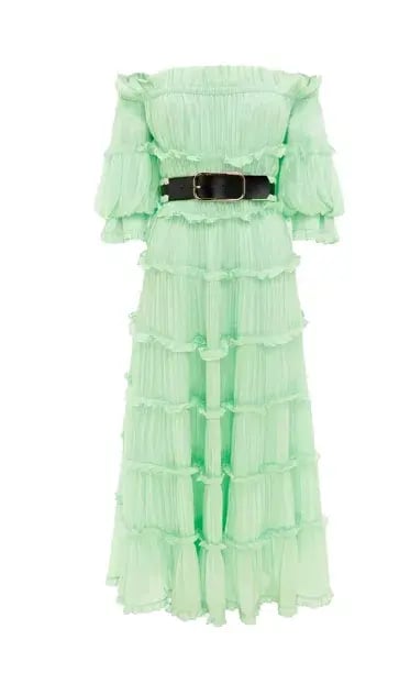 Leo Lin Rue Off Shoulder Tiered Dress Mint Green Size AU 12 photo 3