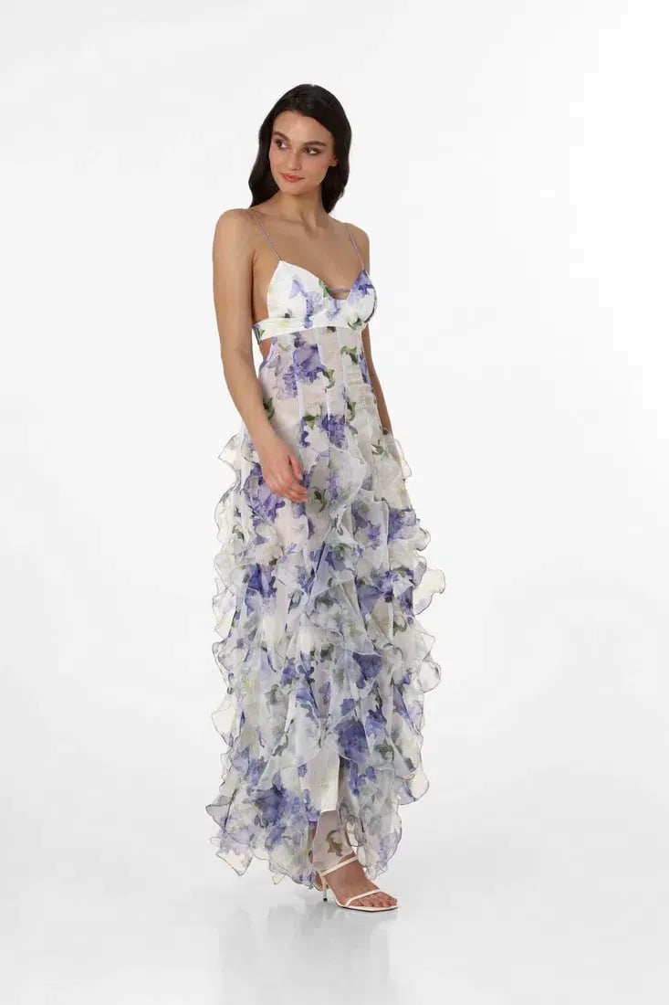 Menti Santorini Iris Flower Maxi Dress Blue Roses Chiffon Print Size S / AU 8 photo 3