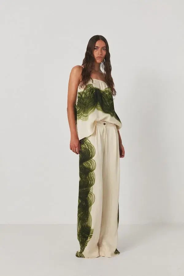 Rabens Saloner Magny Swirl String Elastic Cami and Briana Swirl Pleat Wide Pant Set in Olive Chalk Combo Size AU 10 photo 3
