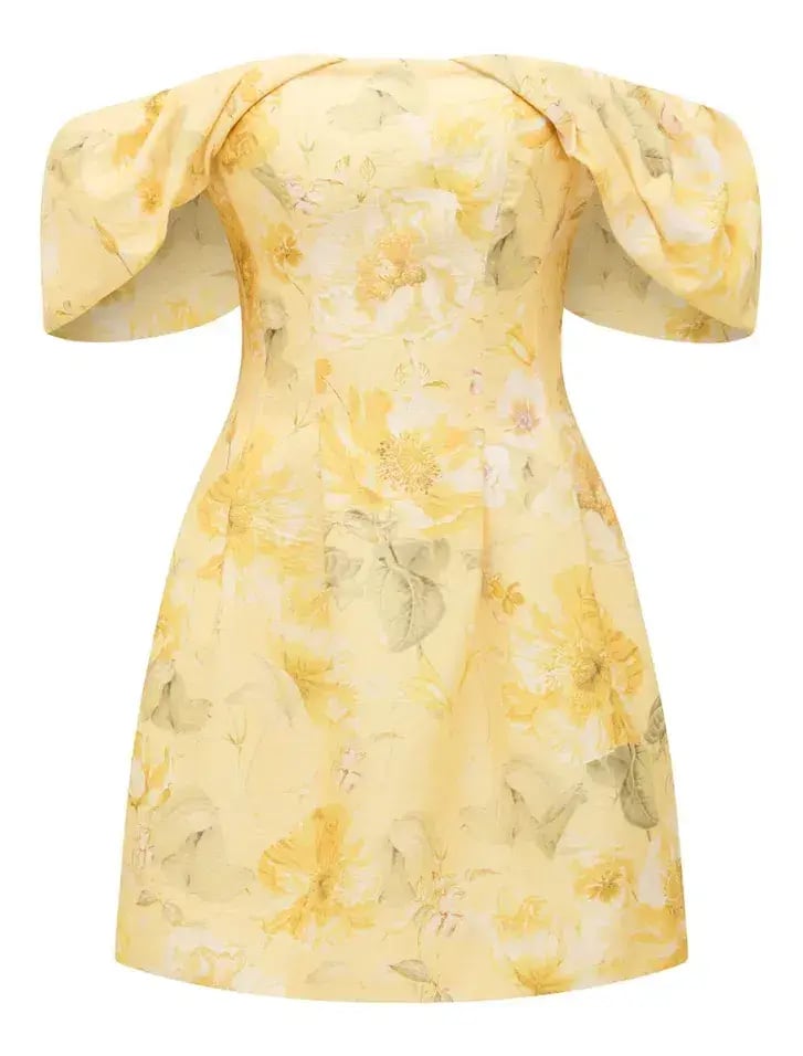 Forever New Jacquie Off Shoulder Mini Dress Gold Layla Botanical Size AU 12 photo 3