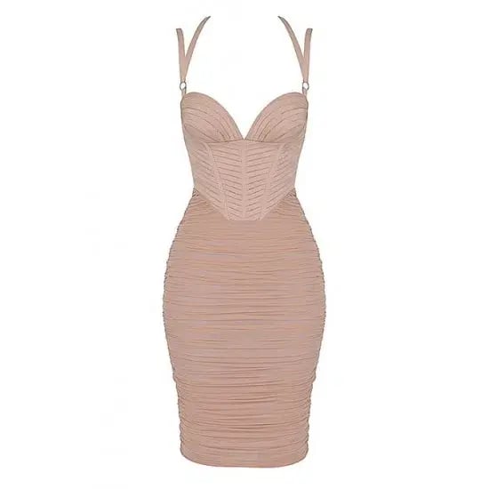 House of CB Dress Josephine Pleated Corset Midi Dress Taupe Size 10 photo 3