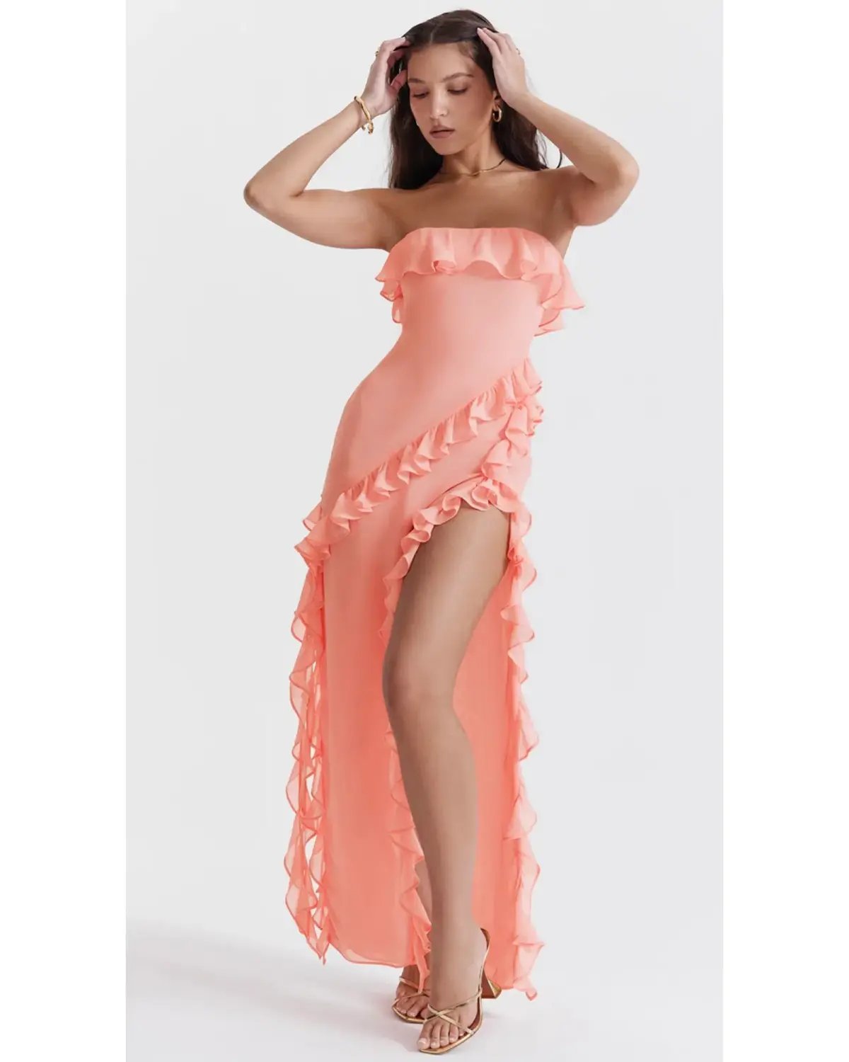 House Of CB Sarina Ruffle Maxi Dress Apricot Size AU 8 photo 2