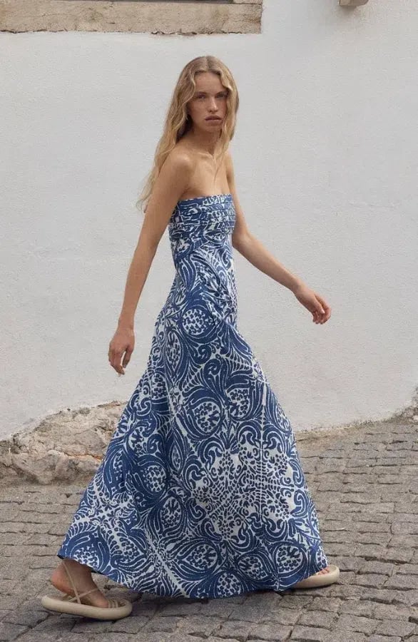Shona Joy Pombeline Strapless Corded Maxi Dress in Ivory/Blue Print Size 8 photo 3
