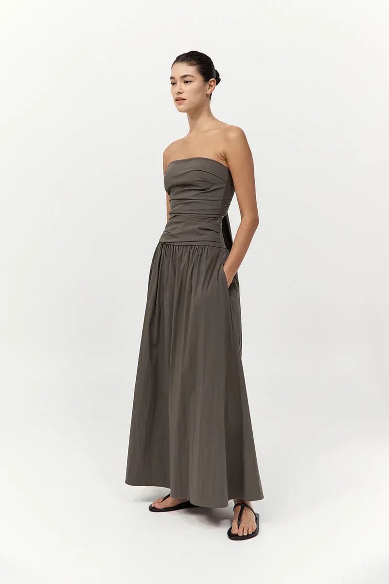 St. Agni Gathered Strapless Tie Back Maxi Dress in Khaki Size S/AU 8 photo 3