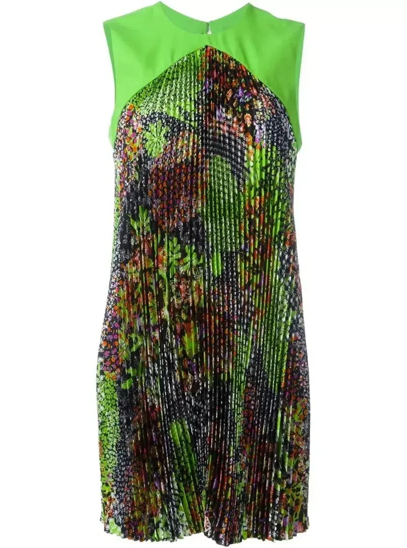Versace Green Multicolor Plisse Tent Mini Dress Sleeveless Made in Italy Size 38 photo 6
