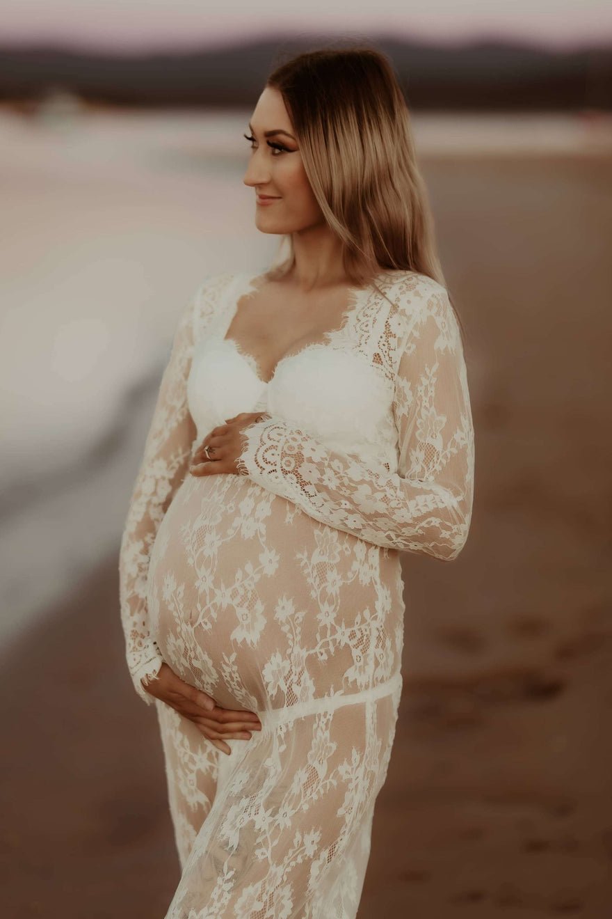 Mama Rentals Katherine Sheer Lace Maxi Dress - White photo 4