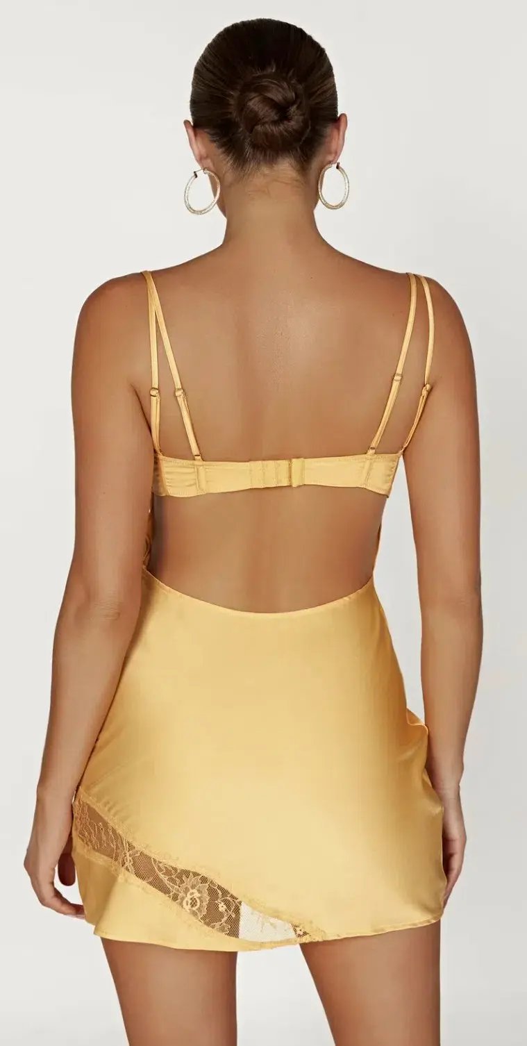 Meshki Joslyn Satin Lace Slip Mini Dress Yellow Size AU 6 photo 4