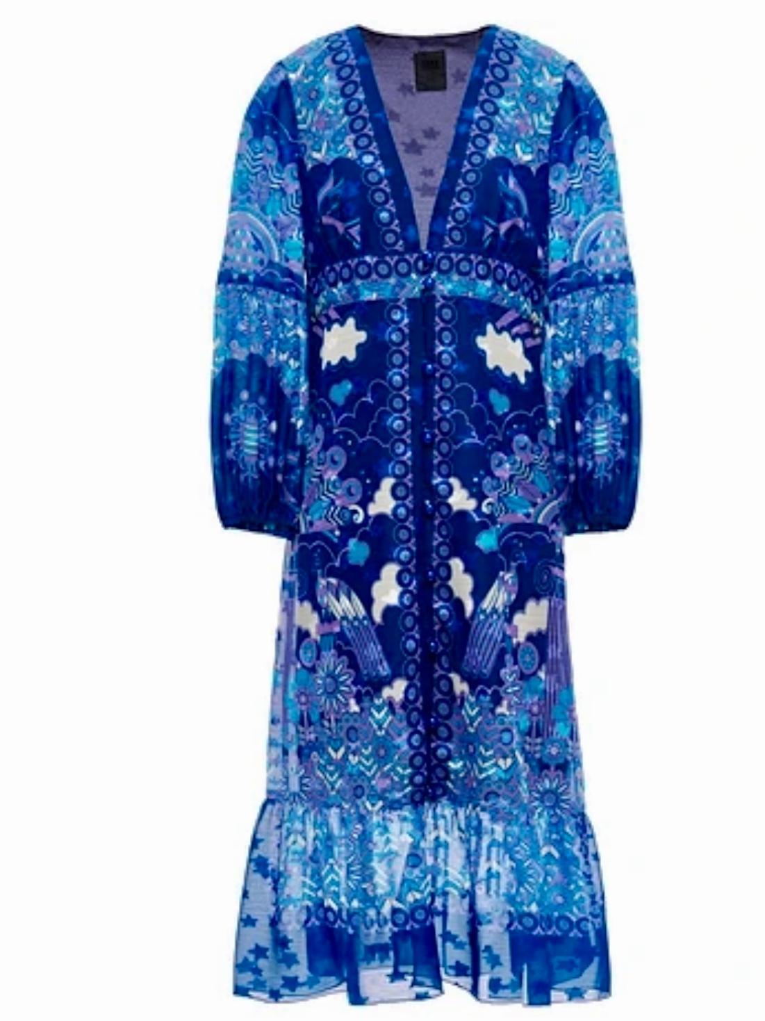 Anna Sui Ruched Printed Silk Chiffon Midi Dress Blue Size US 6 (UK 10) photo 3