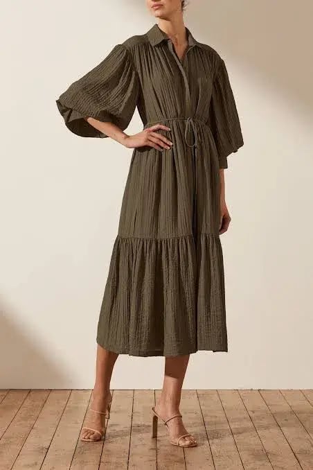 Shona Joy Mila Button Up Tiered Midi Dress Green Size 8 photo 4