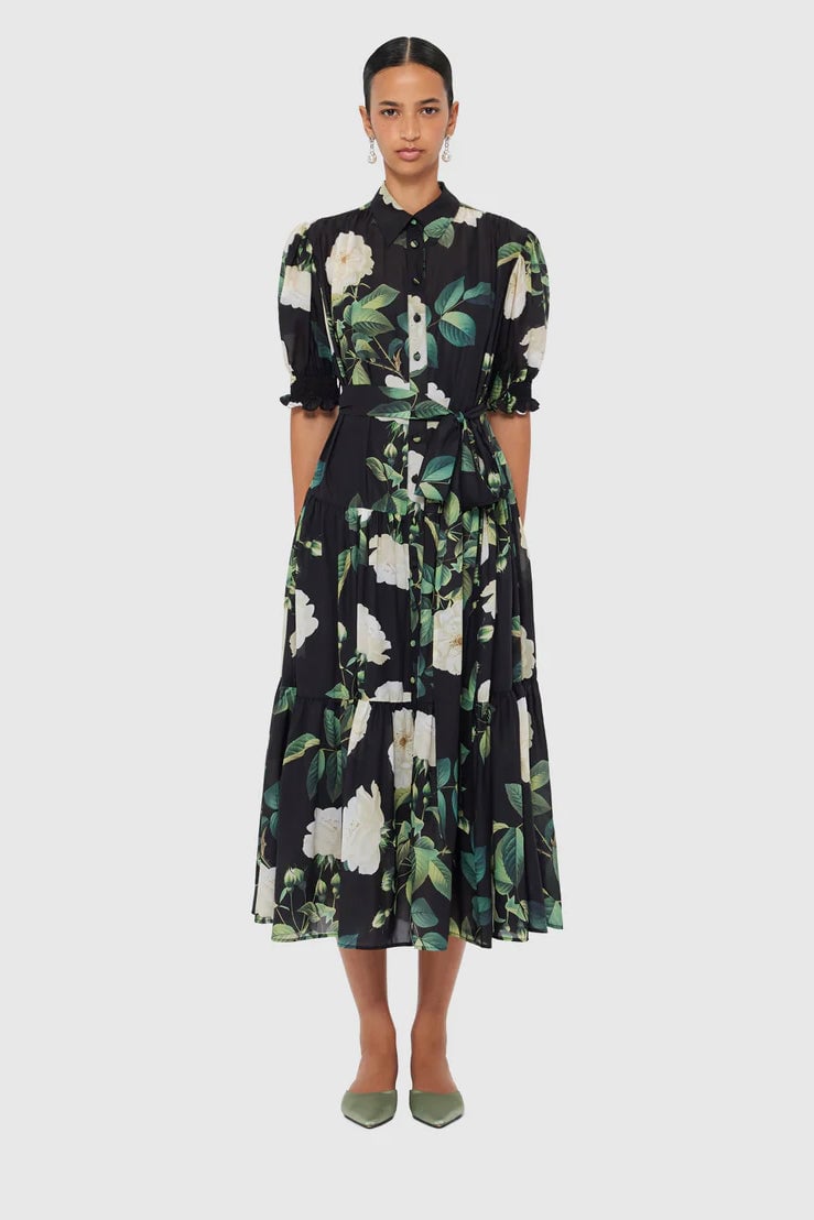 Leo Lin Ellie Bishop Midi Dress - White Rose Print in Black photo 3