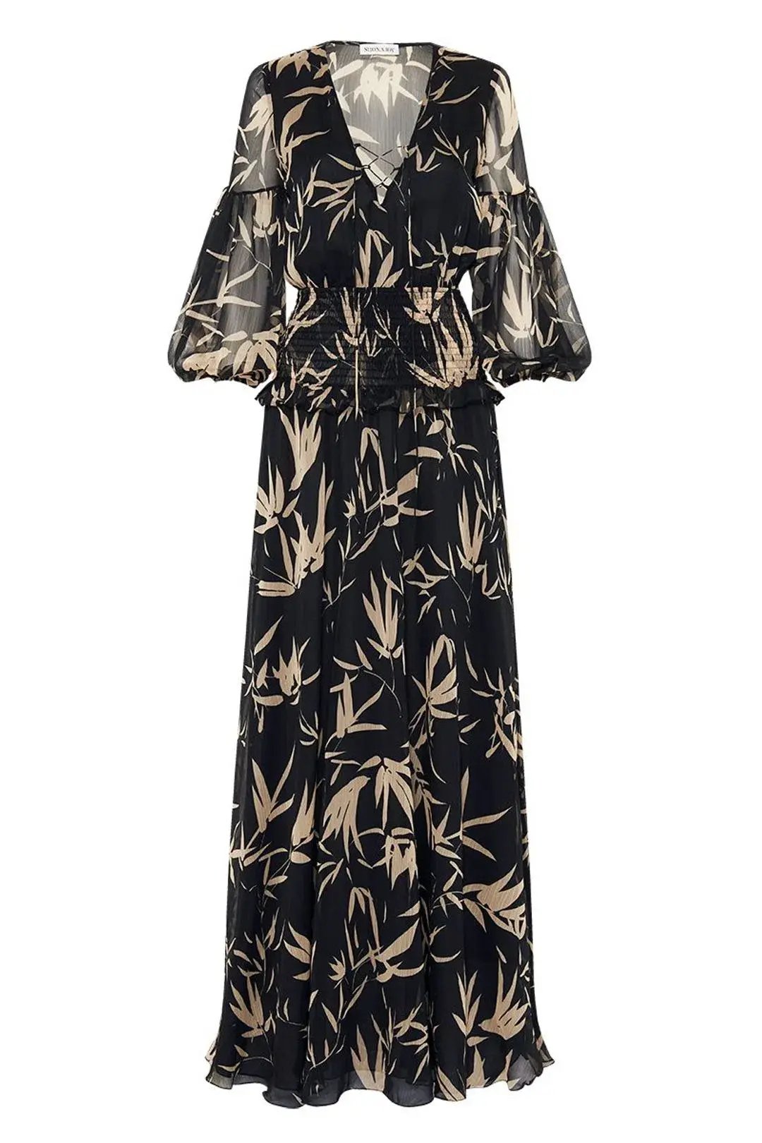 Shona Joy Monterey Shirred Lace Up Maxi Dress in Black/Wheat Print Size AU 8 photo 6