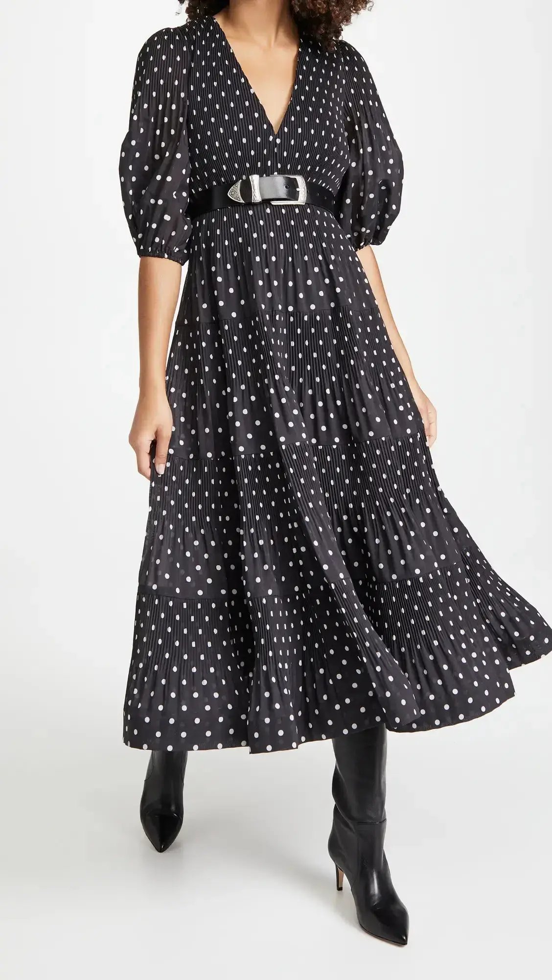 Zimmermann Pleated Long Sleeve Midi Dress in Black & Pearl Polka Dot Size 2 / AU 12 photo 5