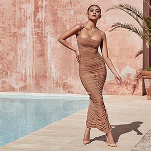 House of CB Fornarina Organza Mesh Midi Dress Tan Size 8 photo 3